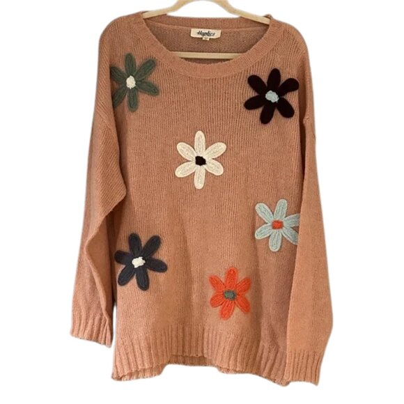 Haptics Peach Crewneck Sweater – Floral Appliqué Knit Pullover - Picture 2 of 9